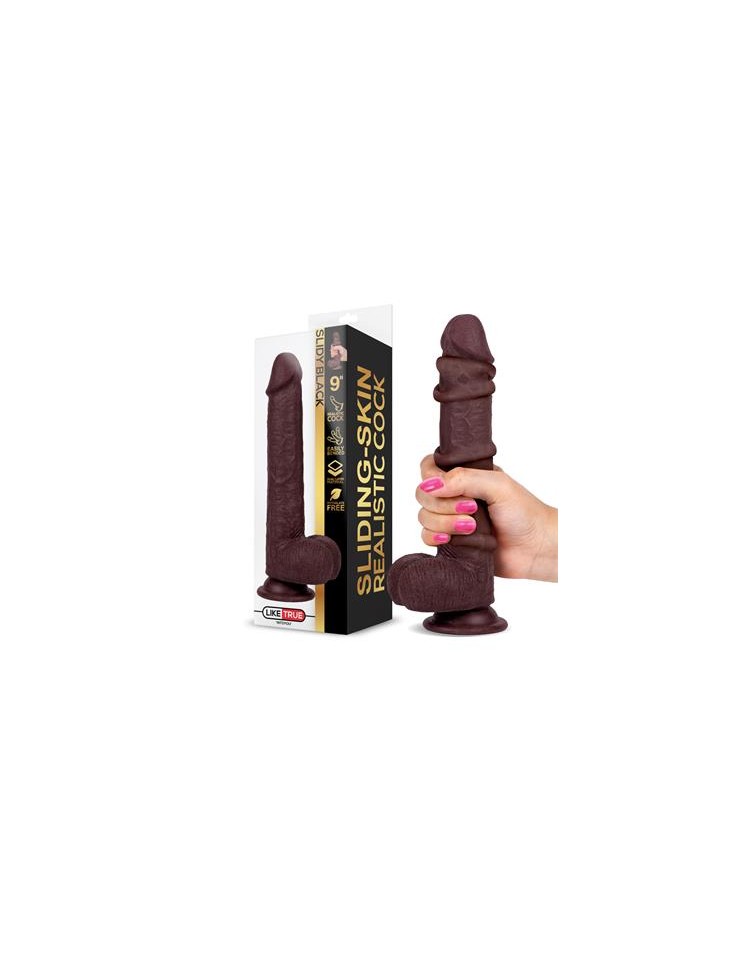 Slidy Black Dildo Realista Dual Layer Retráctil y Orientable 9" - LIKETRUE